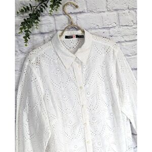 2XL PRETTY🌿Lauren Ralph Lauren LR Eyelet Long Sleeve Button Shirt Cotton Oxford